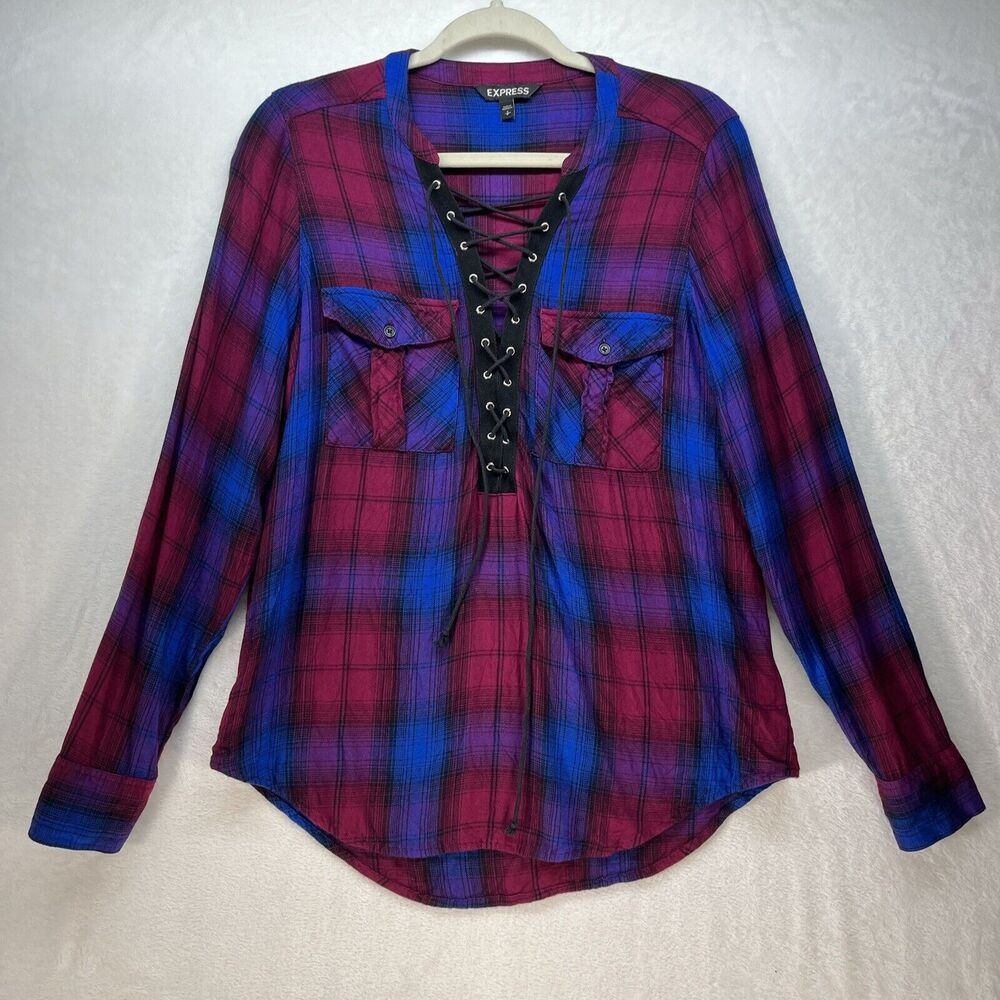 Express Lace Up Long Sleeve Flannel Top Women’s Sz Small Fall Cabin Cozy